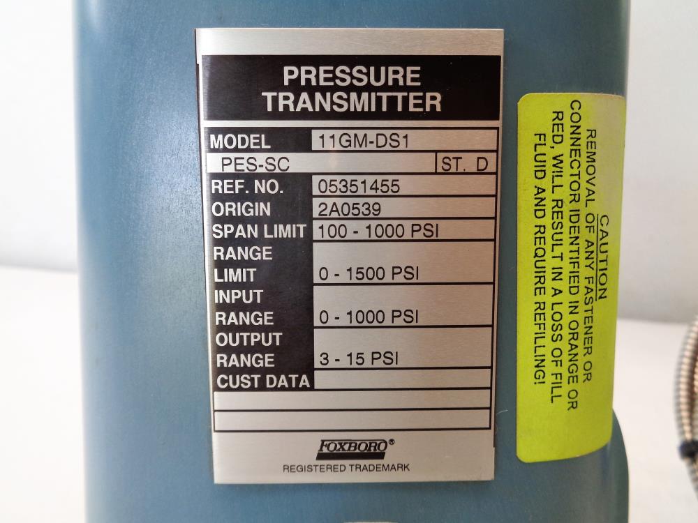 Foxboro Pressure Transmitter 11GM-DS1 with 1" 300# Diaphragm Seal